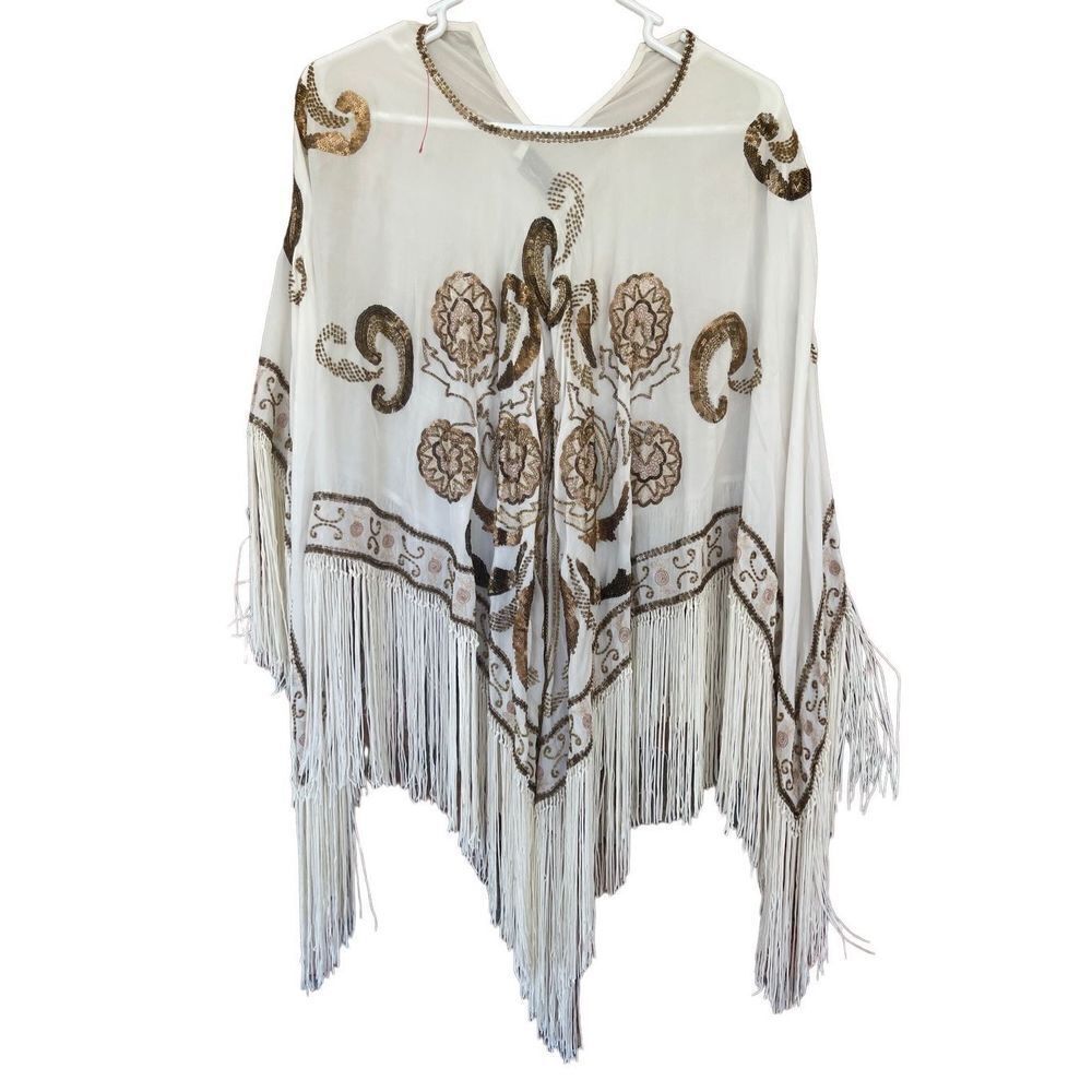 Tanja Pignatelli Womens Beige Tan Beaded Silk Fringe Caftan Poncho Medium